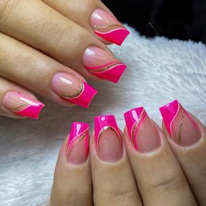 Pink Press on Nails Short Square Fake Nails French Tip False Nails with Gold Glitter Line Designs Glossy Glue on Nails Full Cover Acrylic Stick on Nail Hot Pink Artificial Nail for Women Manicure (Style-5)