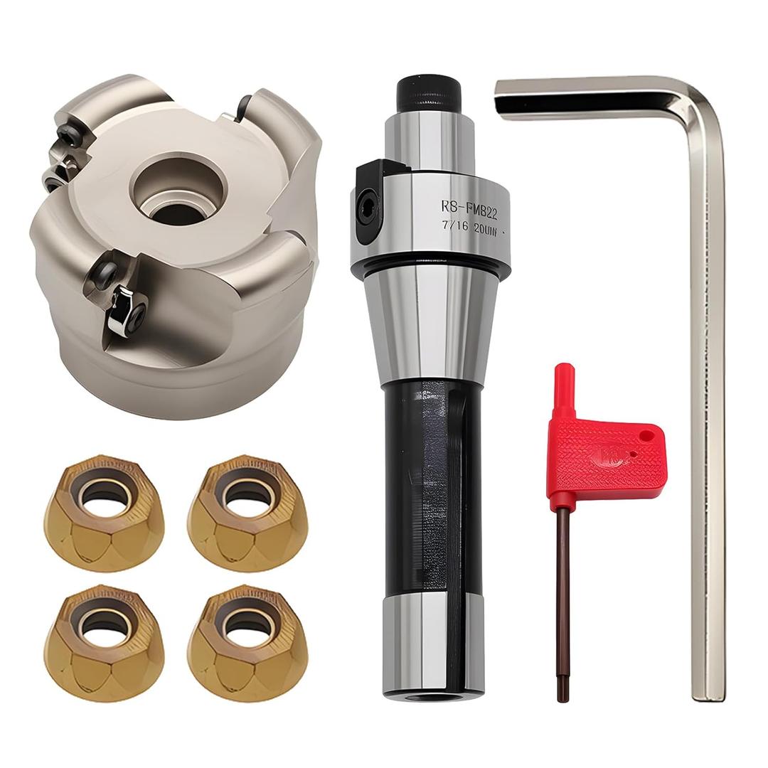 Rotating Milling Face Mill Cutter for Rapid Machining of Material, R8-FMB22 Handle, Hard Alloy Cutter Body with Accessories