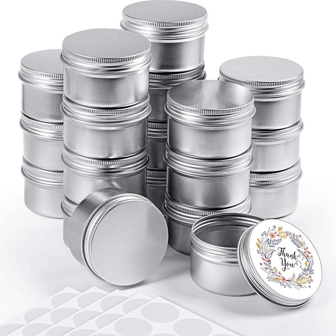 Patelai 36 Pcs 4 oz Metal Round Tins Aluminum Tin Cans Salve Tins Containers with Screw Lid 10 Sheets Stickers for Salve Spice Candies Balms Candles(Silver)