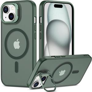 Nvollnoe for iPhone 15 Case Compatible with MagSafe,Military Grade Shockproof Heavy Duty Protective Adjustable Kickstand Matte Semi Clear Phone Case for iPhone 15(Dark Green)