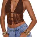 Verdusa Women's Y2k Goth Lace Tops Croset Sheer Halter Top Rave Going Out Outfits Sexy Camisole (Brown, X-Small)