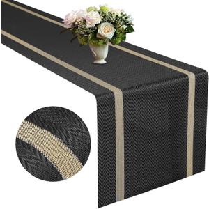 FAVE Woven Vinyl Table Runner Black Table Runner Woven with Golden Threads 72x12 Inches Wipeable Waterproof Dining Table Mats for Wedding, Banquet,Party, Restaurant (Black-72x12)