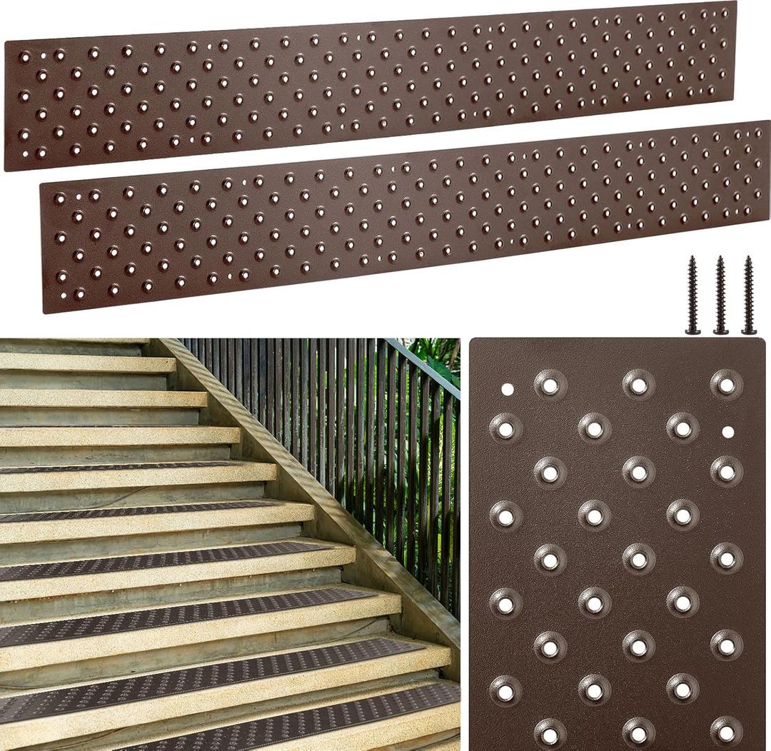 Gisafai 2 Pcs Non Slip Aluminum Stair Tread 30 x 3.75 Inch Metal Stair Nosing Powder Coated Anti Slip Outdoor Stair Treads with Carbon Steel Screws, Easy to Install for Wood Ramp Deck Steps (Brown)