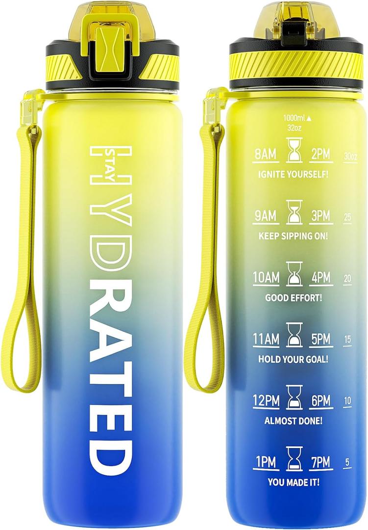 Water Bottle with Straw, 32oz Motivational Water Bottles with Time Marker to Drink, Tritan BPA Free, 1L Sports Water Bottle with Carry Strap LeakProof for Women Gym Fitness Outdoor (1 Pack) (Star Sky)
