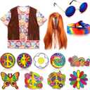 Kathfly 15 Pcs 60s 70s Outfits for Men Women Hippie Costume Set Hippie Shirt with Tassel Vest Wig and Headband for Cosplay