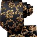 Hi-Tie Mens Plaid Ties Classic Paisley Necktie with Handkerchief Cufflinks Set Business Stripe Tie (Black Gold Floral)