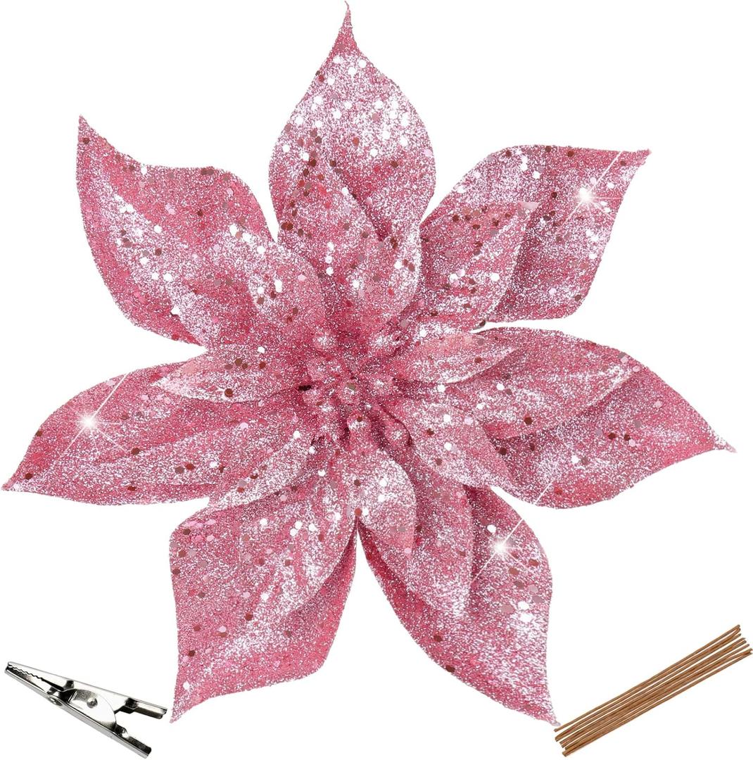 Briful 9'' Christmas Poinsettia Flowers 8PCS Pink Glitter Artificial Flowers Large Christmas Ornament Flowers for Xmas Tree Wreath Garland Decoration