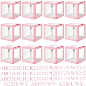 Thyle 12 Pcs Transparent Balloon Boxes Clear Balloon Boxes with 99 Letters for Baby Shower Gender Reveal Grad Birthday Party Bridal Wedding Anniversary Backdrop Decoration (Pink)