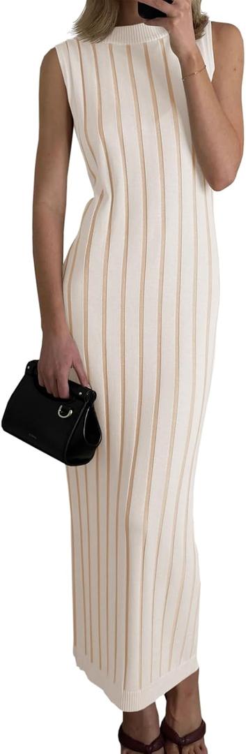 Wenrine Womens Sleeveless Sweater Dress Mock Neck Ribbed Knit Fall Tank Maxi Dresses (Size Large, Creamy-white)