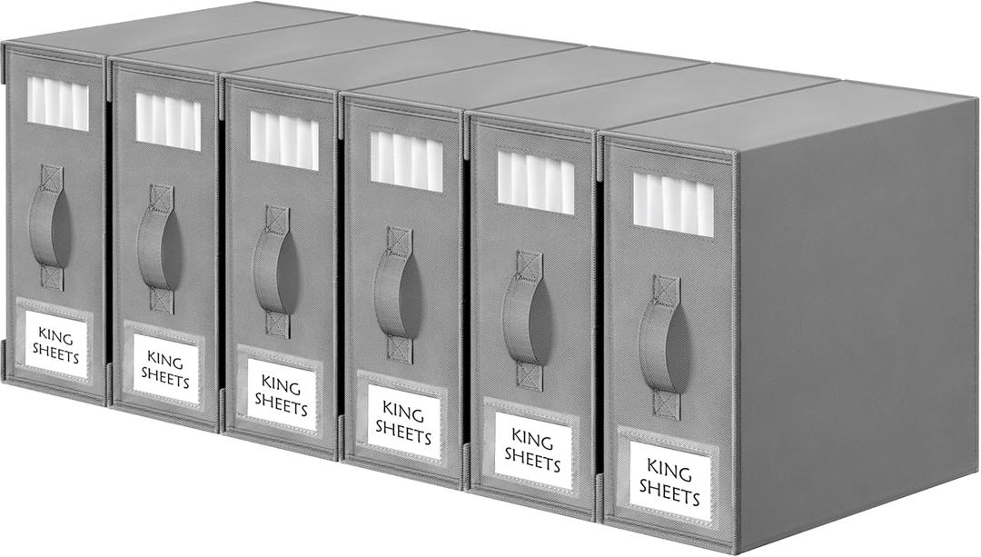 Criusia Bed Sheet Organizers and Storage, 6 Pack Foldable Linen Closet Organizer Box Bedding Holder for Sheet Set (King/Queen Sizes), Duvet Covers, Blankets (Grey)
