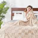 Cozy Bliss Checkered Faux Rabbit Fur Blanket King Size for Bed, Soft Fuzzy Blankets for Women Men, Large Furry Fleece Throw for Bedroom Decor (Tan, 108" x 90")