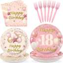 96Pcs Blush Beige 18th Birthday Decorations Boho Dusty Pink Plates and Napkins Disposable Pink Rose Gold 18 Happy Birthday Tableware Set for Girls 18 Years Old Party Supplies, Serves 24