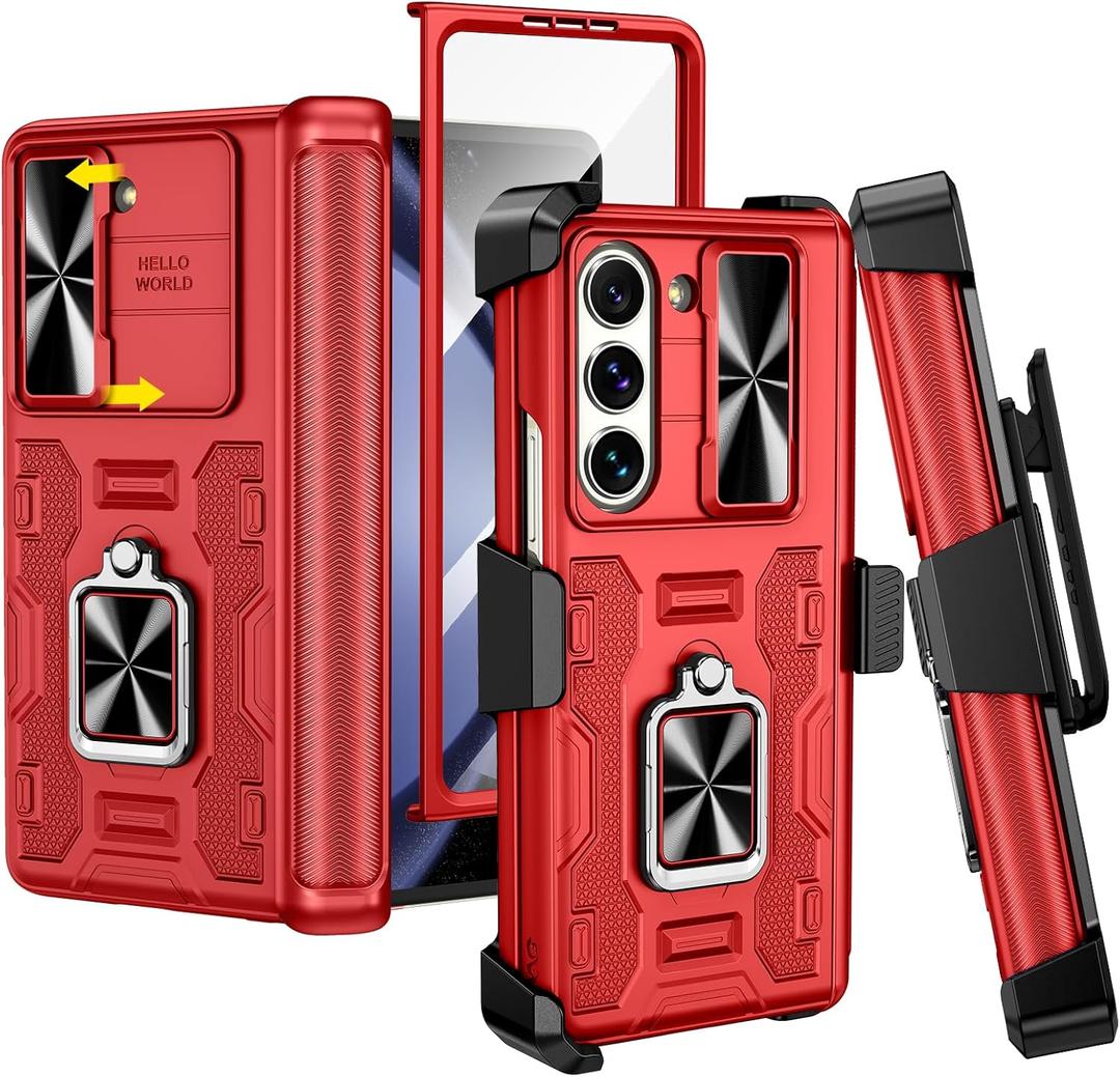 VEGO for Galaxy Z Fold 5 Case with Hinge Protection, Belt Clip Holster & 360Ring Magnetic Kickstand & Camera Cover & Front Screen Protector Shockproof Cover - Vibrant Red