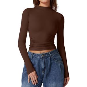 QINSEN Womens Mock Neck Long Sleeve Shirt Double Lined Basic Tees Side Ruched Going Out Crop Tops (X-Small, Brown(chestnut))
