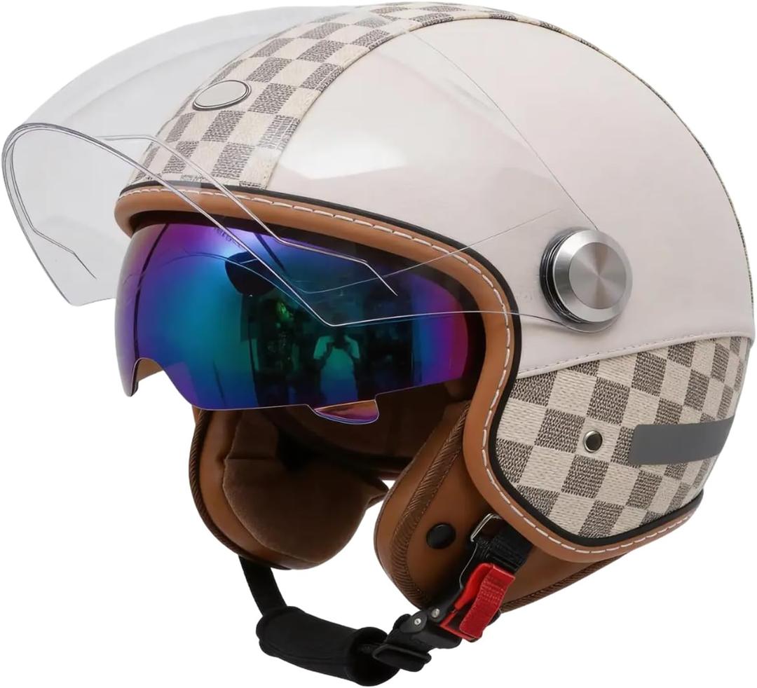 Motor Cycle Helmets for Men Dual Visor 3/4 Open Face Motorcycle Helmet for Men & Women, DOT Approved Unisex Retro Half Helmet，Motorbike Casco for Moped Cruiser (White, L)