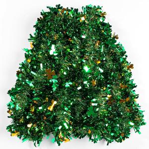 2 x 33 Ft Green St. Patrick's Day Tinsel Garland with Good Luck Green Golden Shamrock Clover for Party Decoration Supply