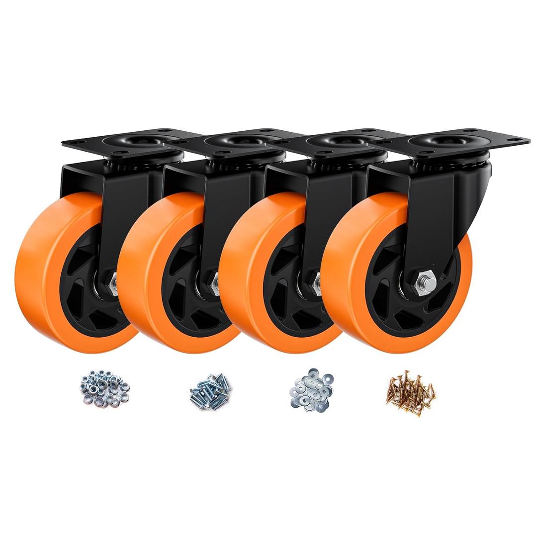 4 Inch Caster Wheels, Casters Set of 4 Heavy Duty, Orange Polyurethane (PU) Casters, Industrial Swivel Top Plate Castor Wheels for Workbench/Furniture/Cart (Pack of 4)