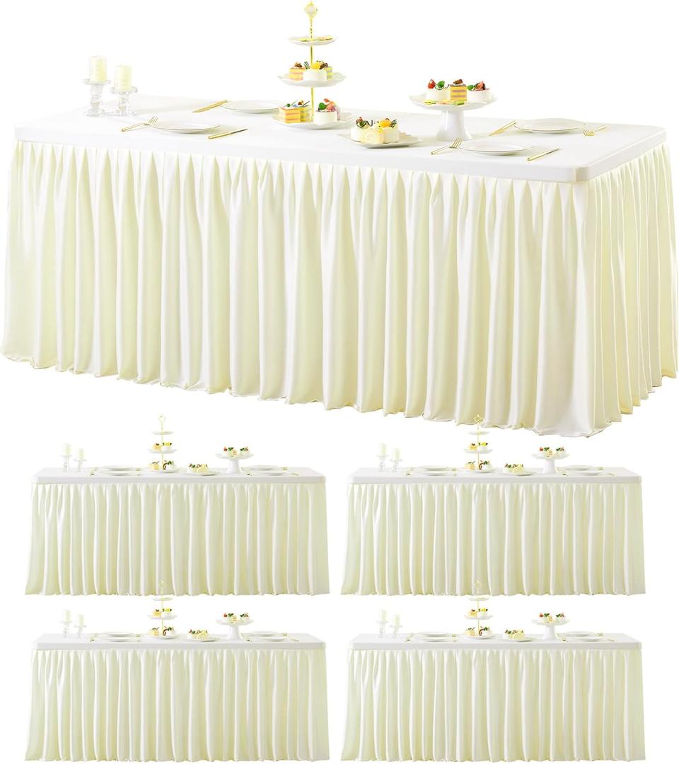 Suppromo 5 Pack Spandex Ivory Table Clothes for 6 ft Rectangle Tables, Wrinkle Free Fitted Tablecloths 6ft Stretchy Ruffle Table Cloth for Parties Weddings Birthday Banquet Baby Shower