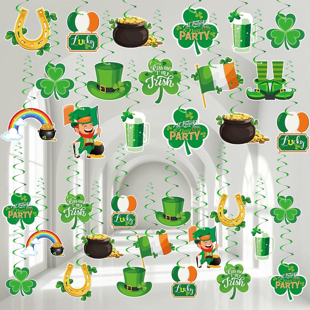 72 Pieces St Patrick's Day Hanging Swirls Decorations, Green Lucky Irish Shamrock Clover Leprechaun Horseshoe Sign Foil Hanging Swirls Ceiling Decor for Home Class Office Party Decorations