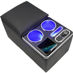 Upgraded Center Console, Wireless Charging Phone Holder & Cup Holders Armrest Organizer for Car Minivan Truck Van, Universal Rear Bench Seat Storage Box with 7 Modes LED Light