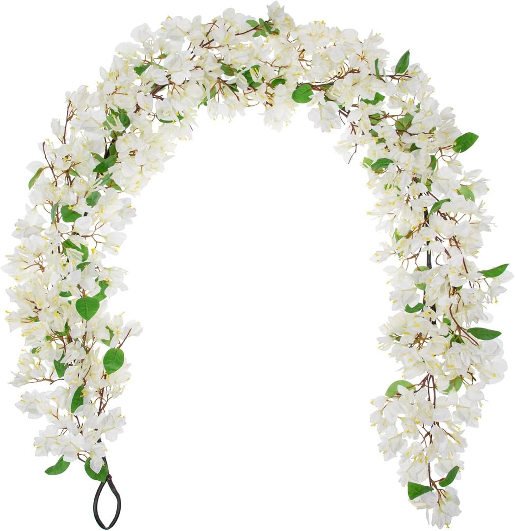 Briful 6ft White Bougainvillea Flower Garland Artificial Silk Floral Vine with Built-in Hook Faux Flower Garland for Backdrop Table Wall Wedding Party Home Decoration