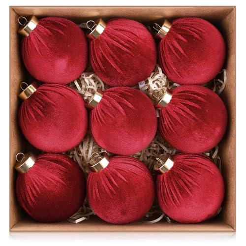 Velvet Ornaments for Christmas Tree Decorations - Burgundy Xmas Ball Ornament for Indoor Holiday Decor - Shatterproof Christmas Bulbs Ornaments 80mm 3.15inch - Pack of 9