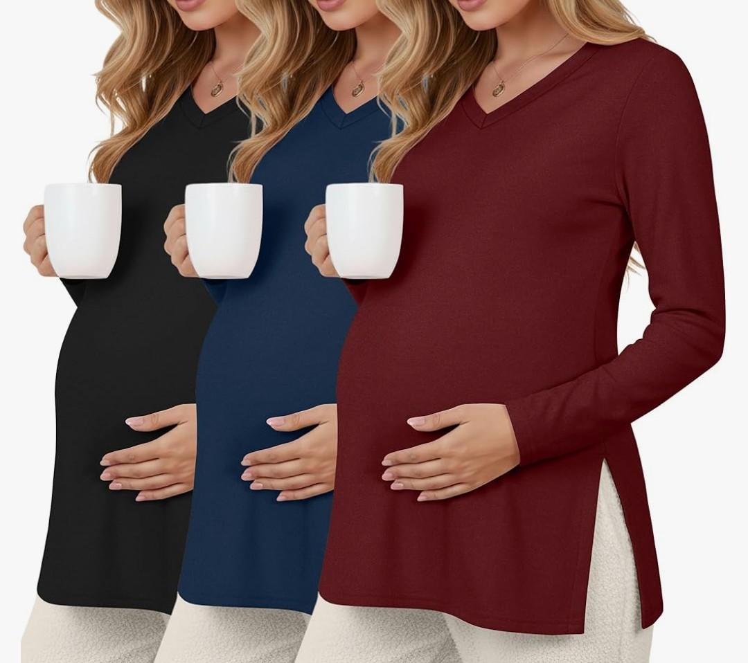 3 Pack Women's Thermal Maternity Shirts Fleece Lined Long Sleeve Tops Split Side V Neck Pregnancy Clothes XXL Red, Navy Blue, Black