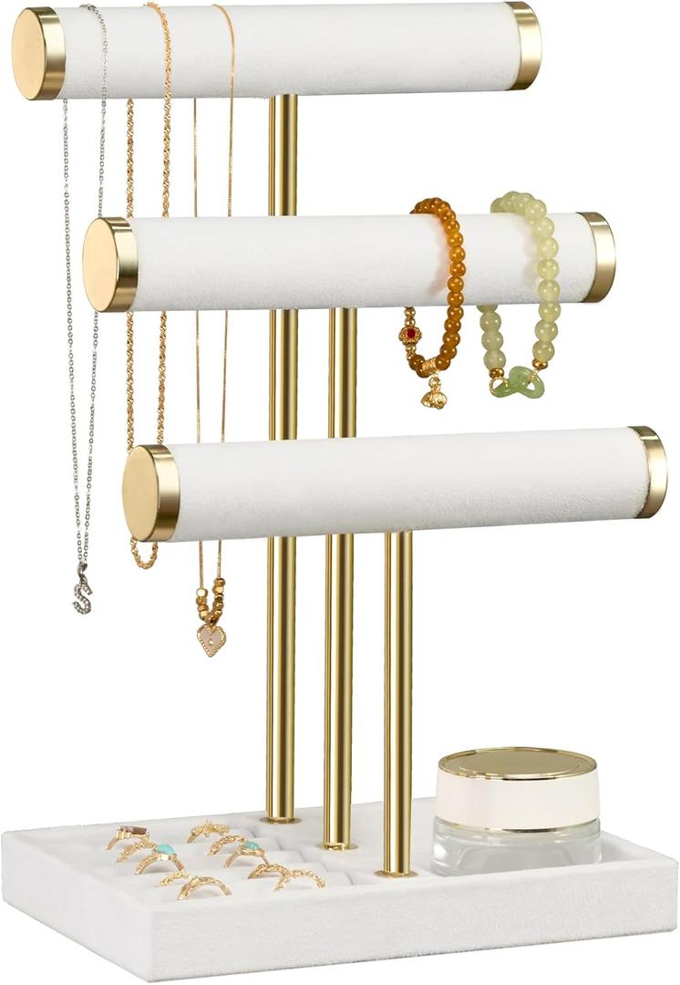 3 Tier Bracelet Holder Display - Detachable T Bar White Velvet Bracelet Holder, Jewelry Holder Organizer for Bracelet, Necklace, Watches, Rings