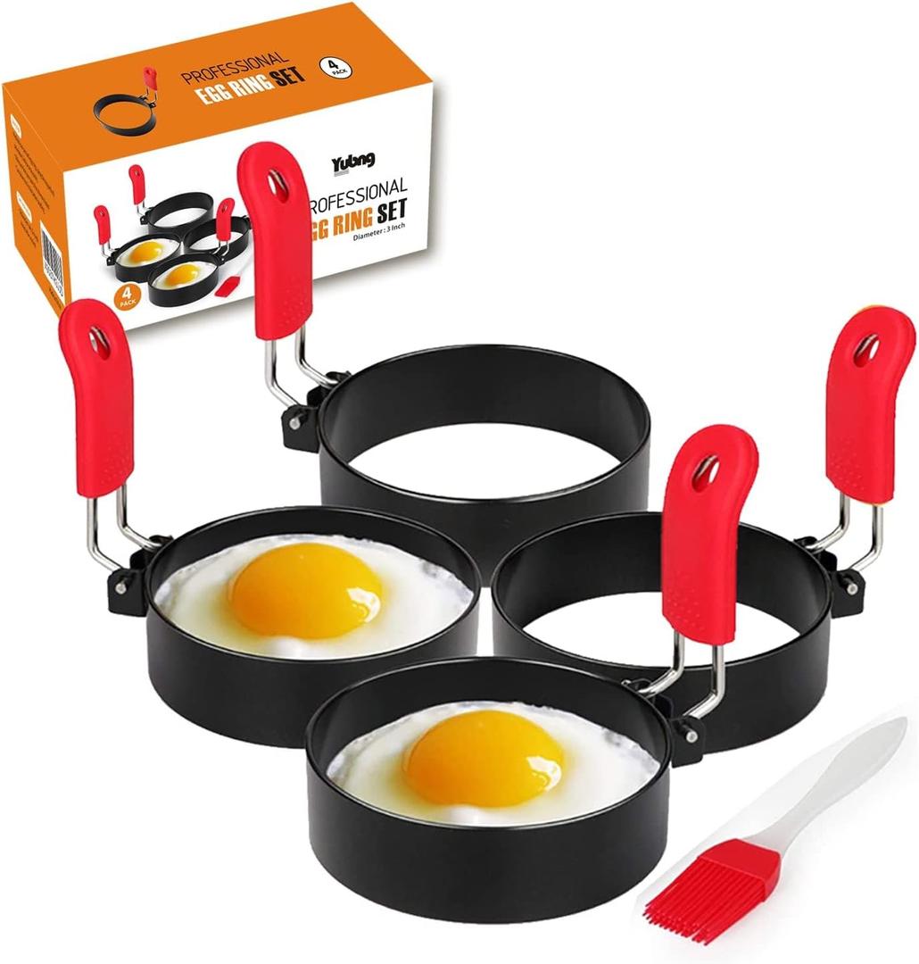3 inch Stainless Steel Egg Rings for Egg Mcmuffins, 4 Pack, Egg Molds for Frying Eggs, Mini Pancakes Ring with Anti-scald Handle (4 pack, 3inch) (Red)