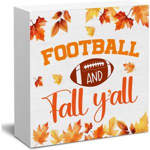 2 x Fall Wall Decor Football Wood Sign Rustic Autumn Decorations Farmhouse Home Table Desk Decor (5 x 5 Inches)
