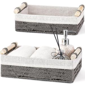 Mkono Woven Storage Basket Wicker Baskets for Organizing Toilet Paper, Decorative Bins with Handle for Toilet Tank Top Countertop Shelves, Decor for Bedroom Living Room Apartment, Set of 2, Grey
