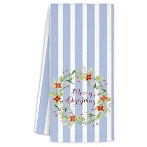 WUCHJ Christmas Wreath Kitchen Towels, Floral Wreath Christmas Hand Towels for Bathroom, Preppy Xmas Blue and White Striped Holiday Decorative Dish Tea Towel, 16x24 Inch