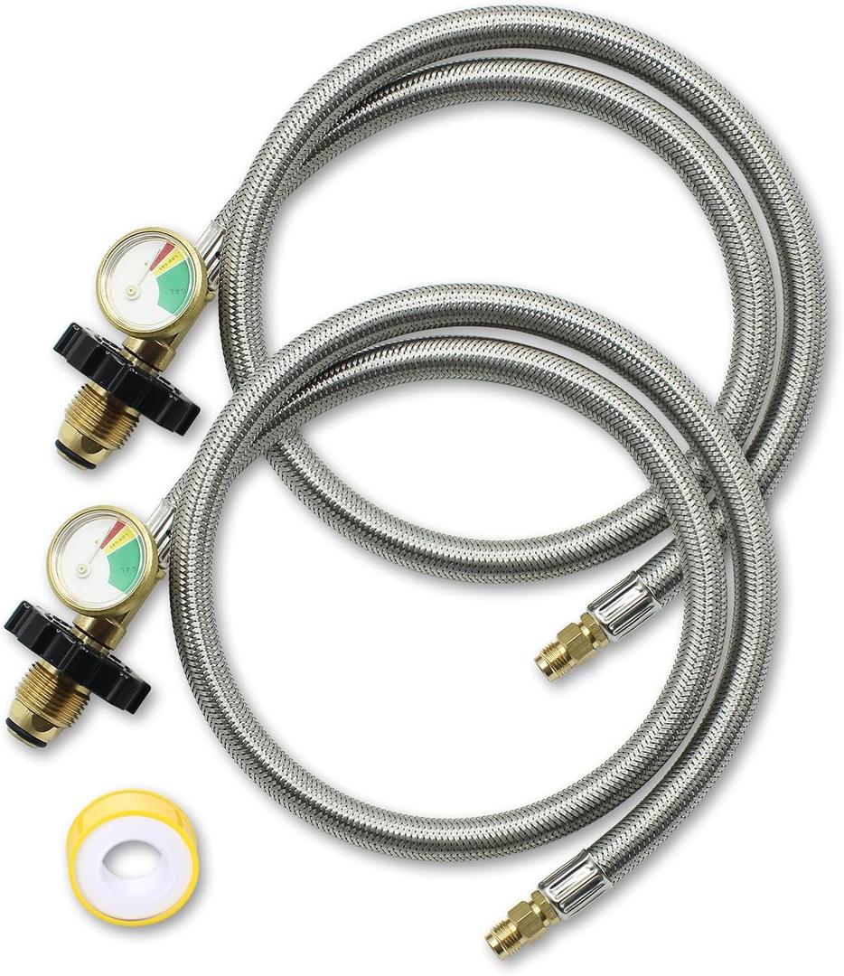 36 Inch RV Propane Pigtail Hoses with Gauge, Stainless Steel Braided Camper Tank Hose, Rv lp Gas Hoses Connector for Standard Two-Stage Regulator, 1/4" inverted male flare/POL Fitting, 2 Pack