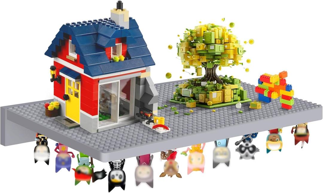 2-in-1 Floating Shelf for Tonies & Lego Display | Magnetic Tonie Holder Holds 30+ Figures | Wall Mount Building Bricks & Storage Organizer | Wooden Shelf for Kid Room (Grey)