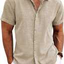 COOFANDY Men's Linen Shirts Short Sleeve Casual Shirts Button Down Shirt for Men Beach Summer Wedding Shirt (3XLarge, Khaki)