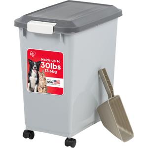 IRIS USA Dog Food Storage Container with Wheels, Airtight Lid, 2-Cup Scoop, Up to 30 Pounds Pet Food Storage, Built in Scoop Storage in Lid, Versatile Pet Food Bin, Portable, BPA Free, Gray/Dark Gray