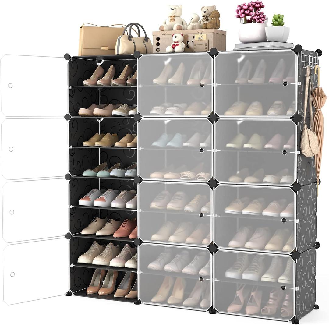 Portable Shoe Rack Organizer with Door, 48 Pairs Shoe Storage Cabinet Easy Assembly, Plastic Adjustable Stackable Detachable Free Standing DIY Expandable 8 Tier Black