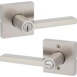 Kwikset Halifax Entry Door Handle with Lock and Key, Secure Keyed Reversible Lever Exterior, For Front Entrance and Bedrooms, Satin Nickel, Pick Resistant Smartkey Rekey Security and Microban