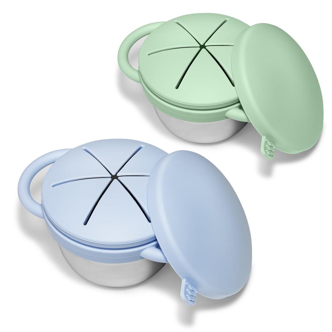 2 Pack Toddler Snack Cups, Baby Stainless Steel Snack Containers for Kids with Spill Proof Food Grade Silicone Lids & Handles 9 OZ No Spill Baby Snack Box for Mess-Free Snacking (Sage Green + Blue)