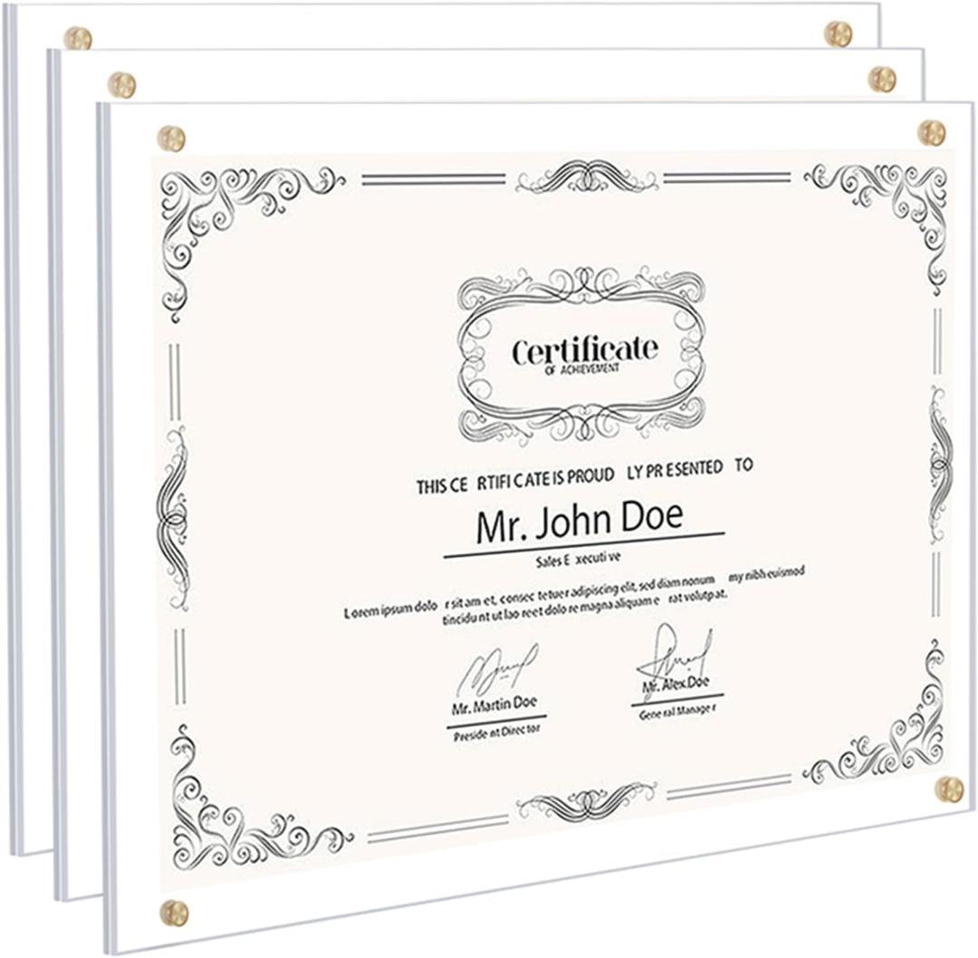 Kalami 3 Pack 11x14 Acrylic Wall Mount Picture Frame Self Adhesive, Floating Frameless Clear Photo Frame for Diploma Certificate Degree Document Display Gallery Wall-Full Frame Size 12.4x15.4