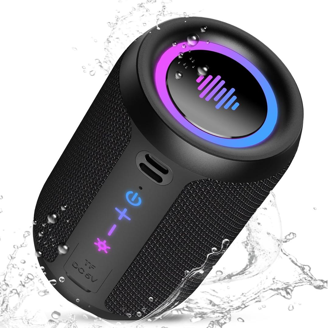Portable Bluetooth Speaker with Lights, Bluetooth 5.4 Speaker, Powerful Crystal Clear Sound,All Day Playtime,15W Loud Stereo Sound, IPX7 Waterproof,TWS pairing for Outdoor/Home/Party/Travel,Black