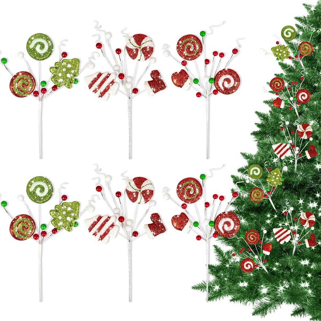 Christmas Tree Picks Candy and Lollipop Pick for Christmas Tree Filler Decoration,Red Green and White Glitter Christmas Pick for Tree Topper Wreath Vase Home Holiday Decorations(6 Pieces,14 inches) (Large)