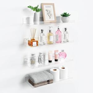 upsimples 4 Pack 15x6 Inches Acrylic Bathroom Shelves for Wall, Floating Bathroom Shelves Over Toilet, Storage Shelf for Toilet Paper, Towels and Toiletries, Clear