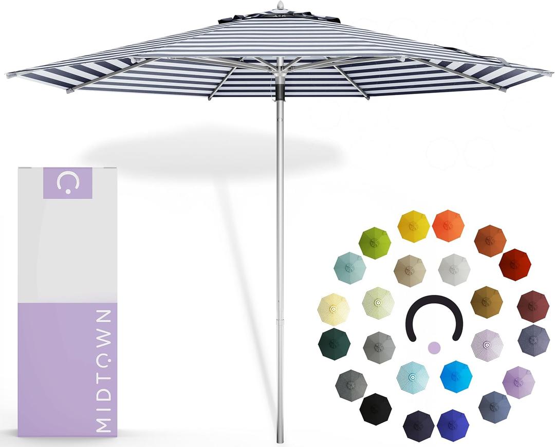 Midtown Umbrellas Push and Pop 8 Feet Outdoor Umbrella, Navy/White Stripes Polyester Fabric - Fiberglass Ribs Deck Patio Umbrella, Backyard Umbrella, Garden Umbrella & Pool Umbrella - Silver Pole