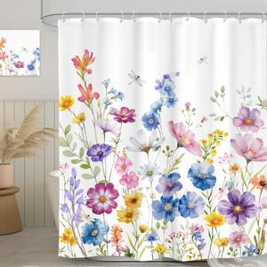 Colorful Flower Shower Curtain Blossom Watercolor Bathroom Curtain Set
