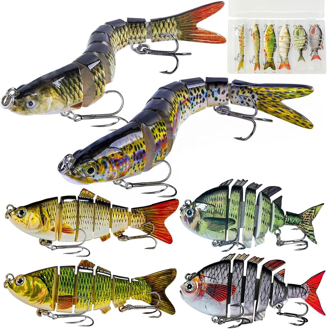 Multi Jointed Swimbait Saltwater Fishing Lures with Sharp Treble Hooks, Bass Fishing Lures Walleye Trout, Lifelike Slow Sinking Fish Bait Lures Kit Freshwater (6 Colors-Mixed)