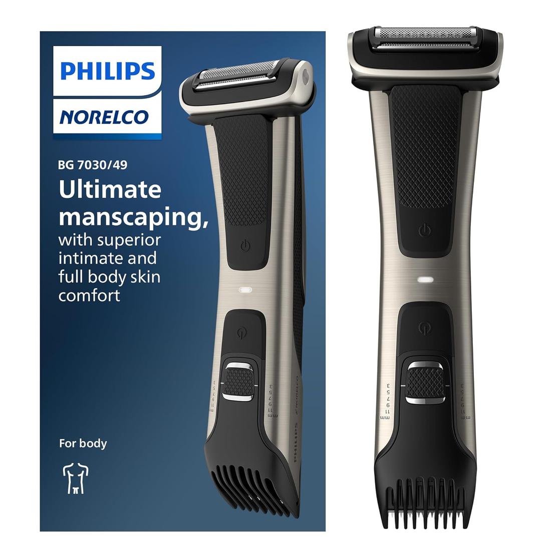 Philips Norelco Bodygroom 7000 Series, Showerproof Groin and Body Trimmer for Men, Precise Body Grooming, Adjustable Comb, Safe Even Below The Belt, 80 Min. Runtime, Model BG7030/49 (Black/Steel)