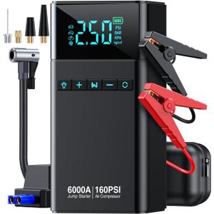 10-in-1 Portable Car Battery Jump Starter with Air Compressor, 6000A 160PSI Portable Car Jumper Starter (All Gas 12L Diesel), 12V Jump Box Car Battery Jump Starter with Jumper Cables, Lights