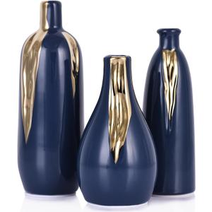 Blue and Gold Mini Ceramic Vase Set of 3, Small Ceramic Vase Set for Decorative, Bud Vases for Centerpieces Nightstand Kitchen, Boho Farmhouse Home Coffee Table Tray Decor