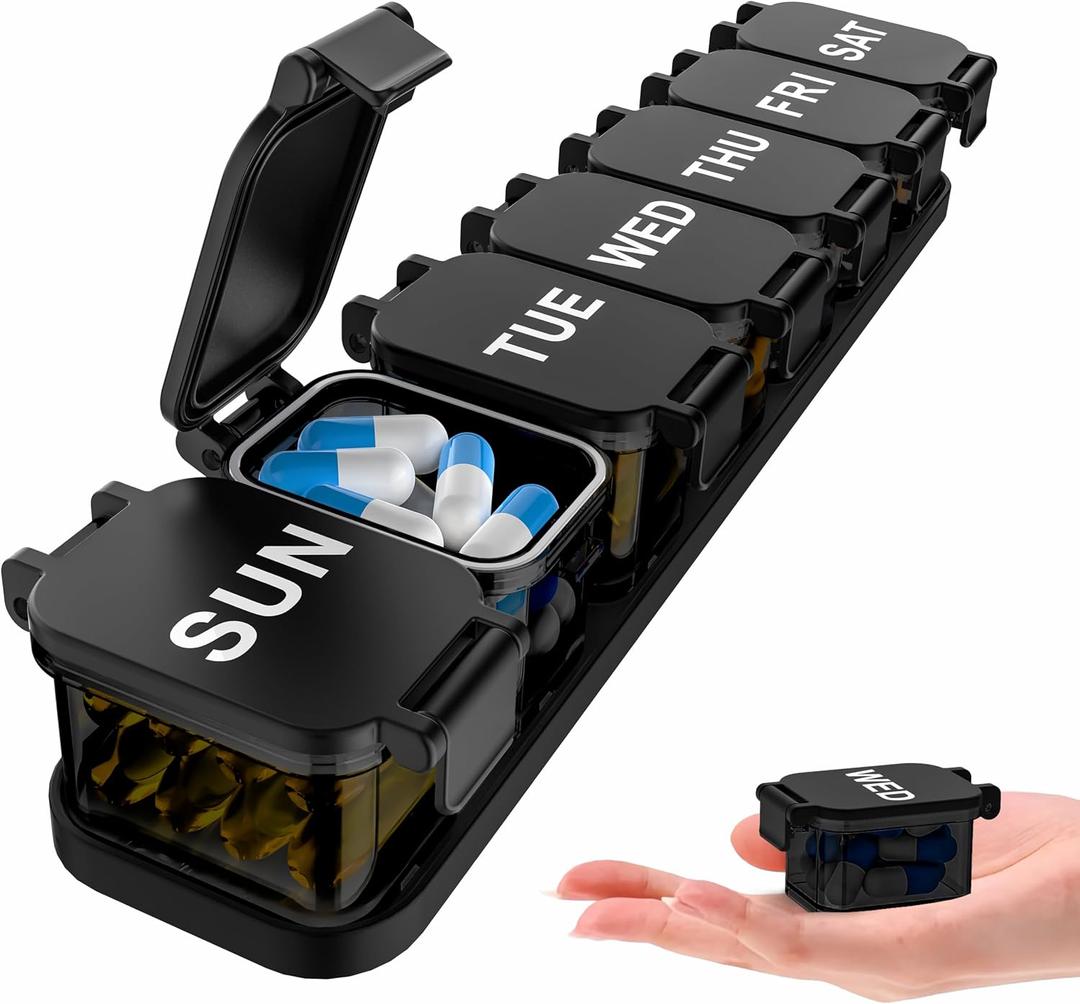 Extra Large Weekly Pill Organizer - XL Vitamin Holder with 7 Detachable Compartments, Portable Medicine Pill Organizer for Supplements, Daily Pill Case for Home and Travel,Black
